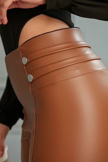MDZ COLLECTION Kadın Yüksek Bel Yan Düğme Çakımlı Kahverengi Deri Pantolon Tayt